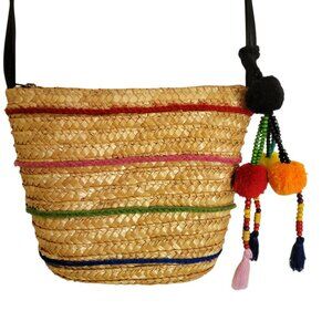 Zara Multicolor Straw Crossbody Bag With Pom-Pom Tassels